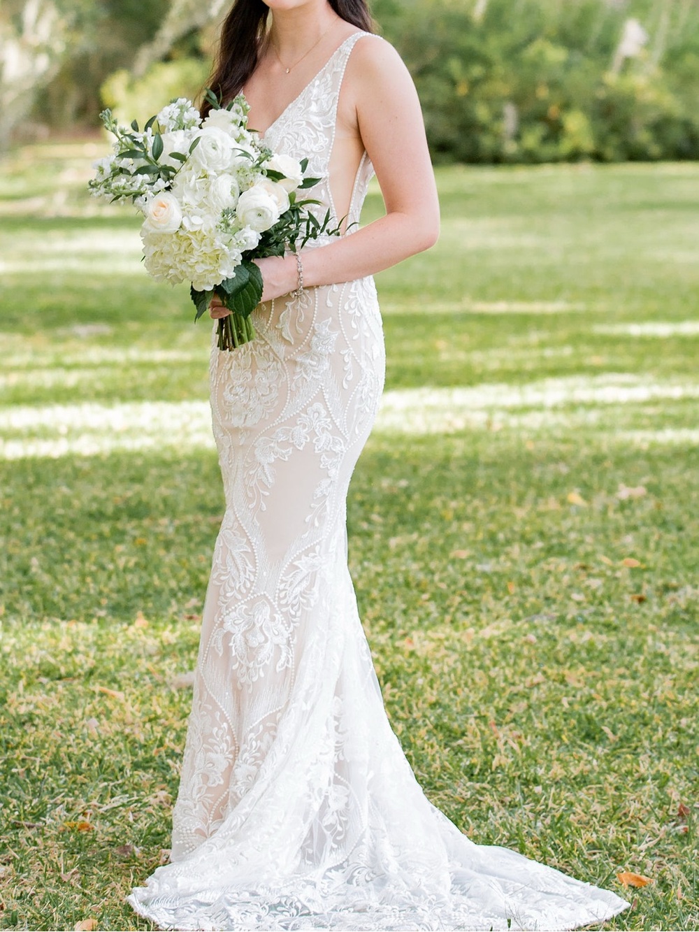 La Perle Ivory Lace Plunge V-Neck Gown